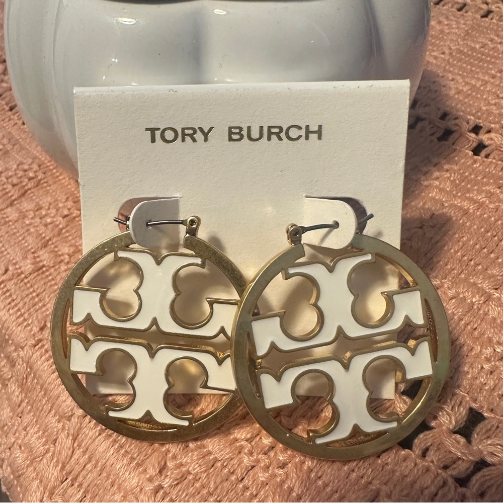 Beautiful New Tory Burch White and Gold Miller Hoop Earrings